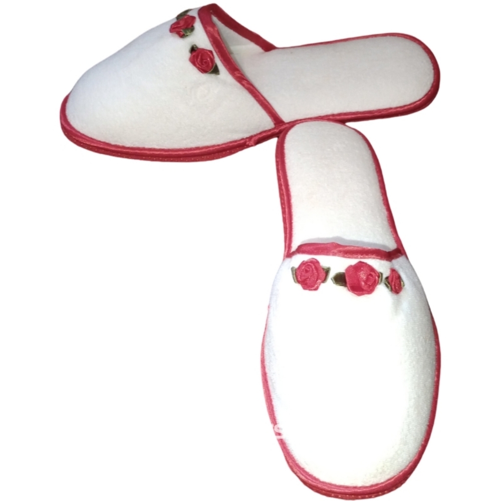 Vintage Daniel Green White Plush Slippers Red Ribbon Flower Rose Rosette Mules